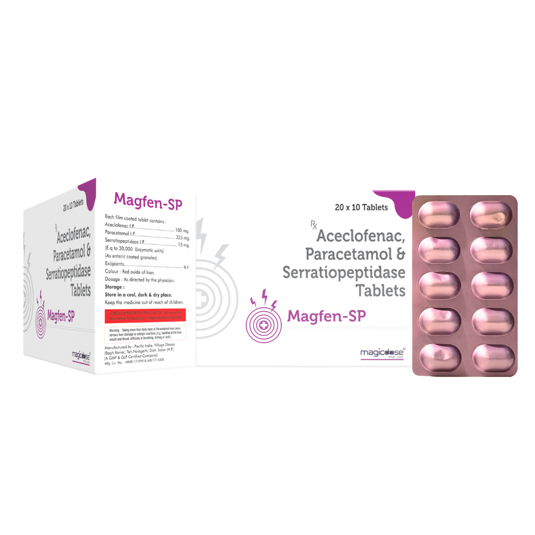 MAGFEN-SP 10 TAB | Aceclofenac, Paracetamol & Serratiopeptidase