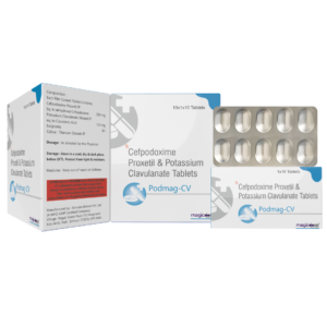 PODMAG-CV Tablet contains Cefpodoxime 200 mg and Clavulanic Acid 125 mg, a combination used for the treatment of susceptible bacterial infections. It is available as a film-coated tablet in Alu-Alu packaging.