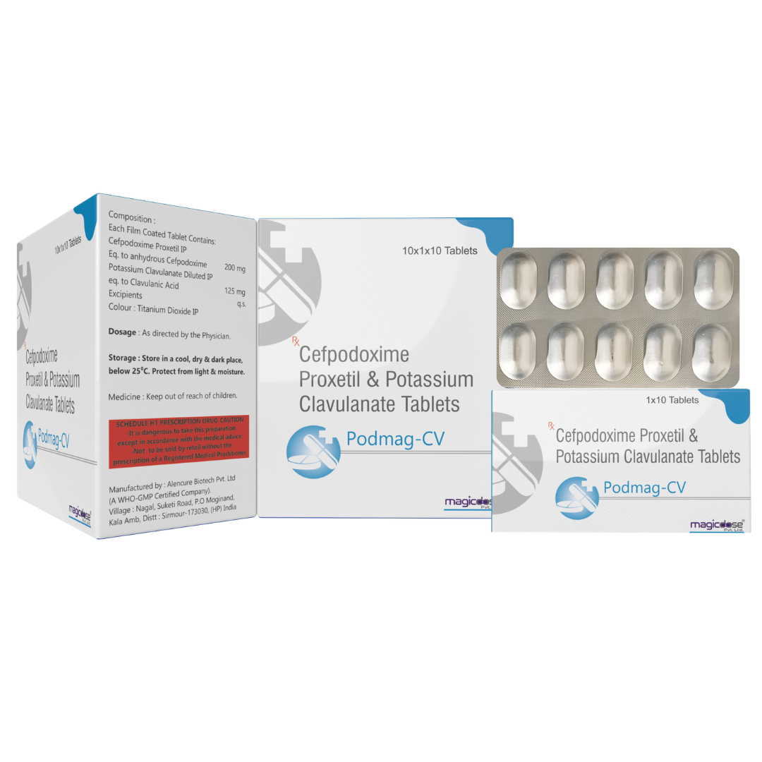 PODMAG-CV Tablet contains Cefpodoxime 200 mg and Clavulanic Acid 125 mg, a combination used for the treatment of susceptible bacterial infections. It is available as a film-coated tablet in Alu-Alu packaging.